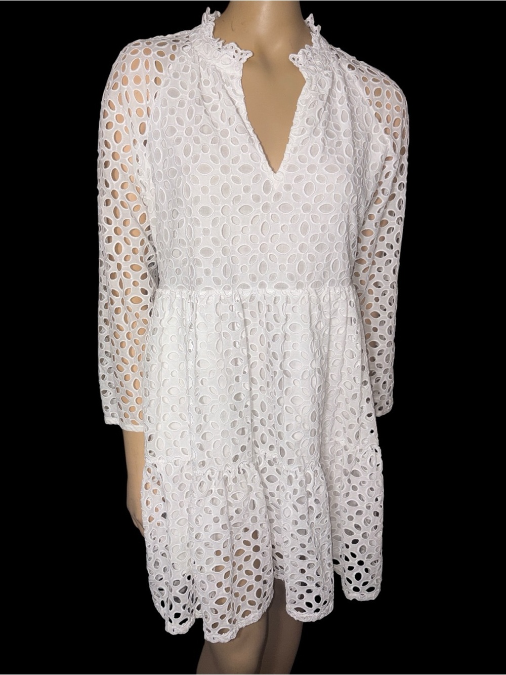 JCrew women’s White tiered popover embroidered eyelet V-Neck Dress size S